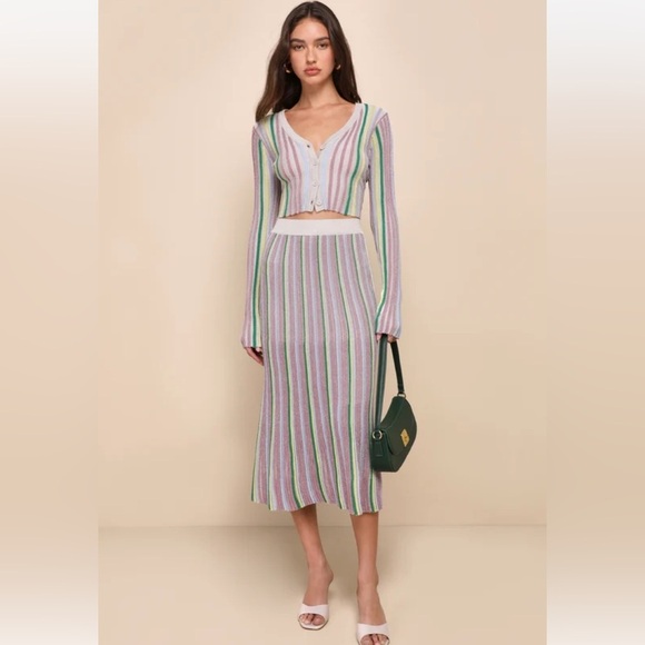 Lulus NWT Eye-Catching Trend Taupe Multi Striped Ribbed Cardigan Top - Picture 12 of 14